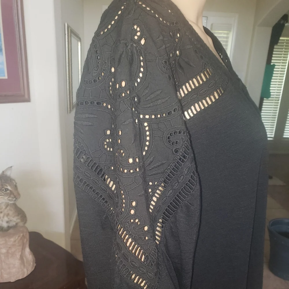 Chico's XLP flowy longsleeve crocheted yoke woven modal blend light airy luxury - Picture 5 of 10